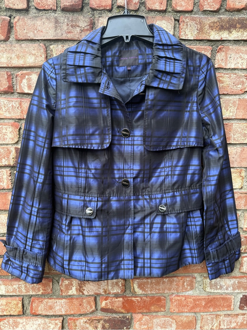 Olivia Lauren Blue & Black Plaid Trench Jacket Korean